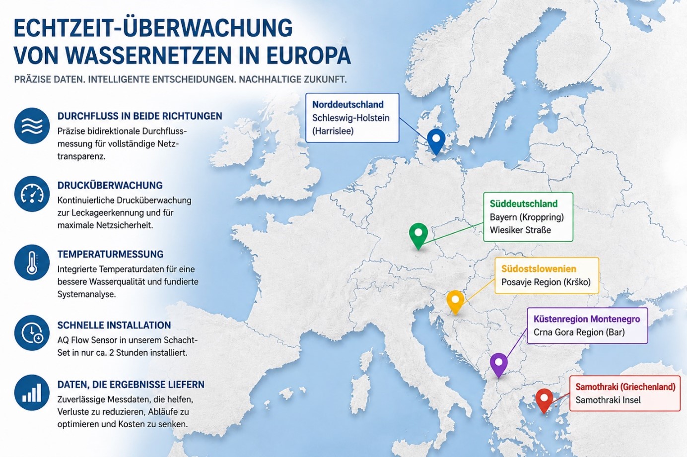 Karte von fünf europäischen Standorten zur Überwachung von Wassernetzen in Deutschland, Slowenien, Montenegro und Griechenland