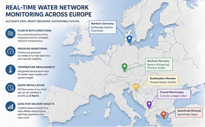 Karte von fünf europäischen Standorten zur Überwachung von Wassernetzen in Deutschland, Slowenien, Montenegro und Griechenland