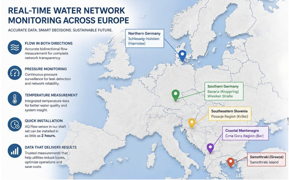 Karte von Europa mit fünf AquaLink-Überwachungsstandorten: Norddeutschland, Süddeutschland, Slowenien, Montenegro und Samothraki Griechenland